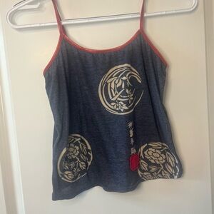 Free People Large Tank Top Navy Blue with cream design and red outline